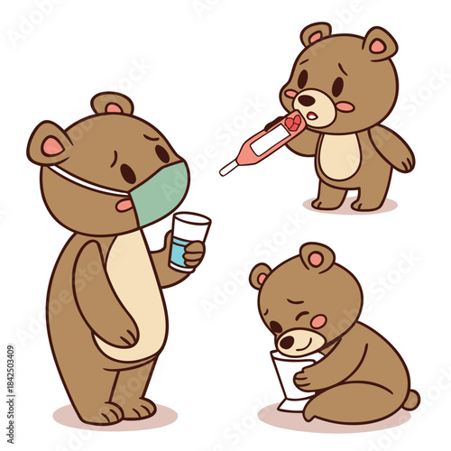 Three cute cartoon bears illustrating various stages of sickness, including wearing a mask, taking temperature, and feeling nauseous.