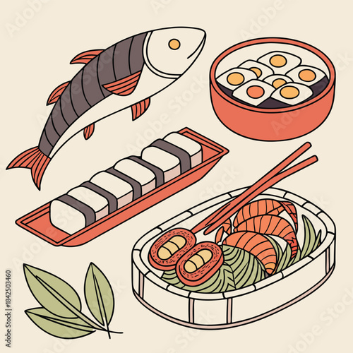Colorful illustration of various Asian food items including fish, shrimp, eggs, and tofu in a stylized flat design.