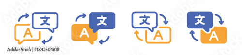 A collection of chat bubbles with language translation icons. The logo of a multinational translator application, online language translation.