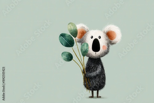 Cute cartoon koala holding leaves on pastel background