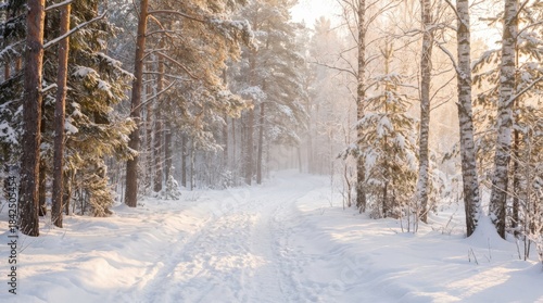 Wallpaper Mural Snowy Winter Forest Path with Sunlit Trees and Fresh Snow. Torontodigital.ca