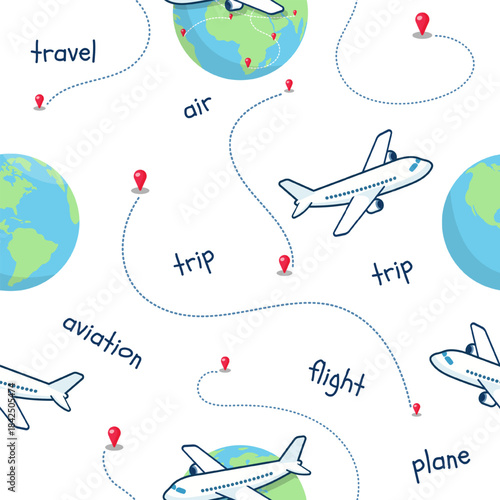 Seamless aviation pattern with airplanes, globes, dotted flight routes and location pins. Perfect for travel designs, packaging, kids products, textile prints and modern vector backgrounds.
