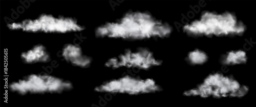 Set of Vector Realistic Cloud, Smoke or Fog. Fluffy Cloudscape. Overlay Transparent Cloud.