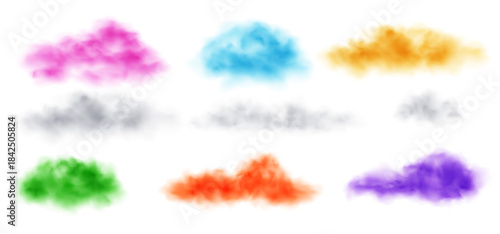 Set of Vector Realistic Cloud, Smoke or Fog. Fluffy Cloudscape. Color Overlay Transparent Cloud. Easy Recolorable Design Element. Transparent BG