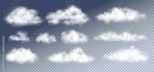 Set of Vector Realistic Cloud, Smoke or Fog. Fluffy Cloudscape. Overlay Transparent Cloud.