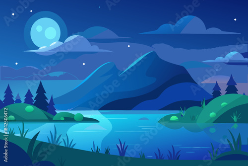 Calm lake reflecting mountains and moonlit sky in a stylized night landscape vector illustration