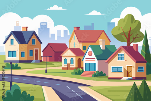Colorful cartoon houses on a green hill under a blue sky with clouds home building