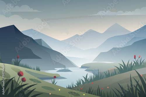 Dramatic Mountain Range with River and Red Flowers Under Cloudy Sky landscape nature