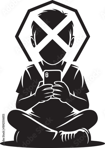 Silhouette of a person looking at a phone obscured by a geometric shape