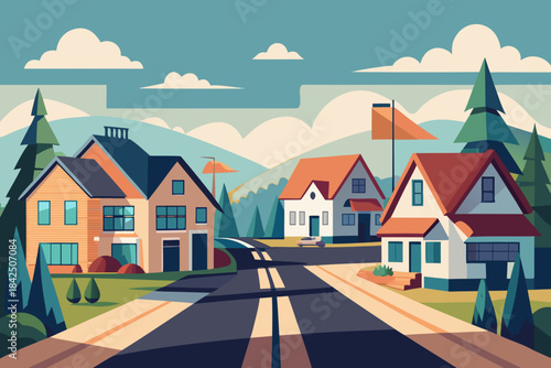 Stylized suburban street with houses and trees on a white background road