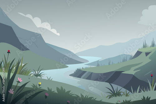 Misty Mountain River Landscape with Wildflowers and Cloudy Sky nature mountains