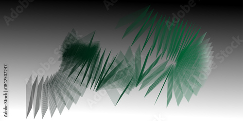 An abstract digital composition featuring layered, translucent geometric shapes that resemble sharp, leaf-like forms in green and gray, arranged in flowing motion across a smooth gradient background 