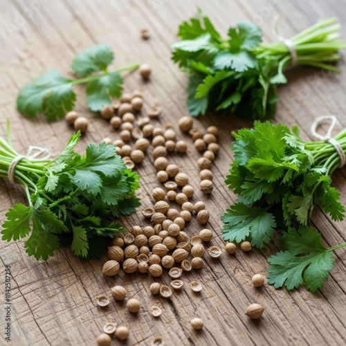 Fresh cilantro sprigs and coriander seeds arrangement on rustic wooden table display
