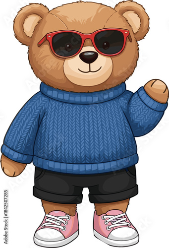 Cute Teddy Bear Character Vector Illustration Waving Hello, Wearing a Warm Blue Knitted Sweater, Stylish Red Sunglasses, Black Shorts, and Pink Sneakers for Casual Winter or Autumn Design.