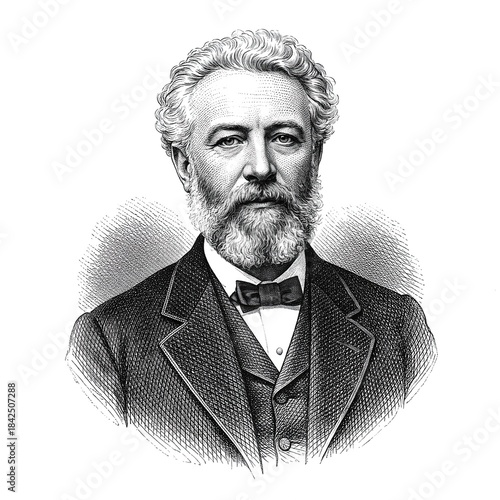 Black and white vintage engraving, close-up headshot portrait of Jules Gabriel Verne, the famous historical French literary novelist, poet, and playwright, white background, greyscale