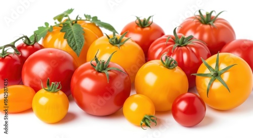 Fresh heirloom tomatoes offer a vibrant spectrum of colors against a white background