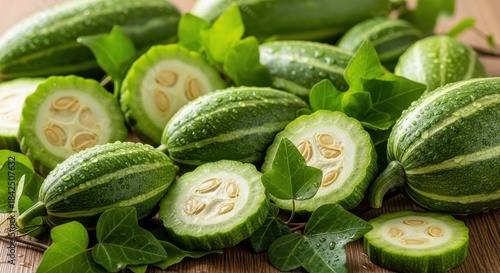 Fresh Ivy Gourds Displaying Vibrant Green Hues with Intricate Seed Patterns on Display
