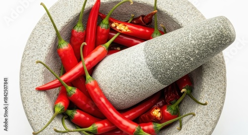 Fresh red chili peppers in a mortar and pestle, ready for spice grinding session