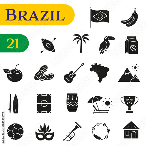 A set of stylish Doodle icons dedicated to Brazil, covering culture, architecture, and cuisine.