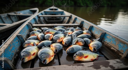Freshly caught piranhas filling a rustic wooden boat on an amazon river expedition