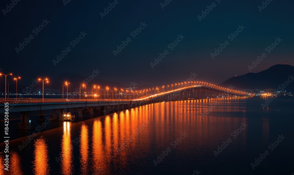 Fototapeta premium Illuminated bridge spans across dark water, reflecting warm lights under night sky