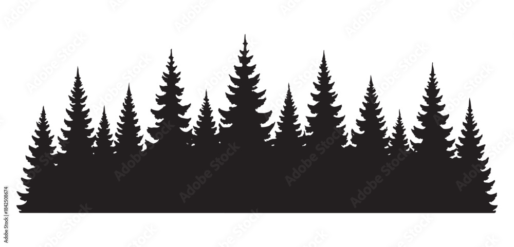Obraz premium Black silhouette of forest with pine trees isolated on white background. concept of nature, landscape, woodland, silhouette art, forestry, design element, decoration