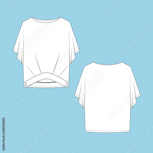 Women's Flat Sketch with different Style details and  added trims value, Henley top with cut & sew details.