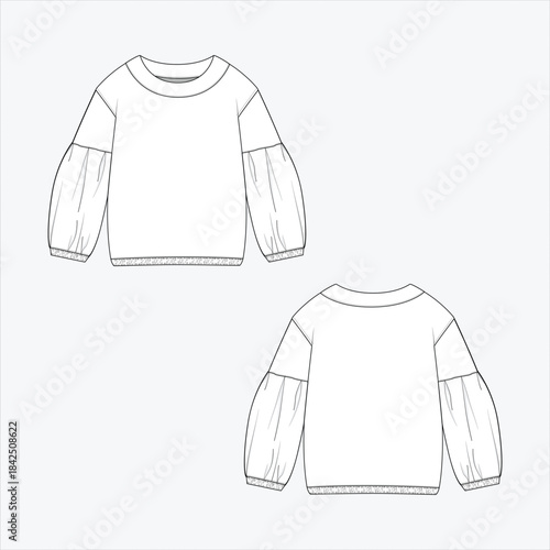 Women's Flat Sketch with different Style details and  added trims value, Henley top with cut & sew details.