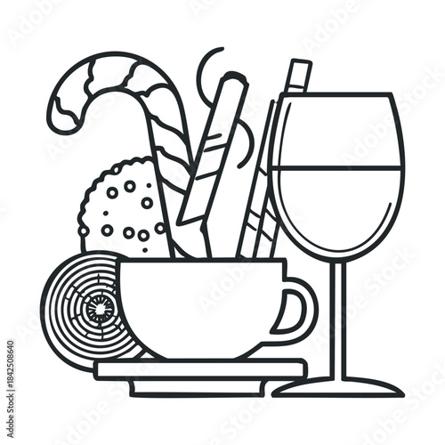 Appealing black and white outline drawing of various sweet desserts and beverages perfect for food blogs menus or holiday greeting cards