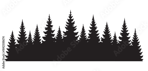 Black silhouette of forest with pine trees isolated on white background. concept of nature, landscape, woodland, silhouette art, forestry, design element, decoration