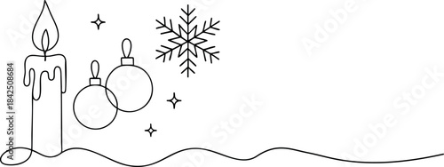 Minimalist line art of christmas candle, ornaments, and snowflake on white background. continuous one line drawing with copy space. holiday decoration, festive season, winter, design element