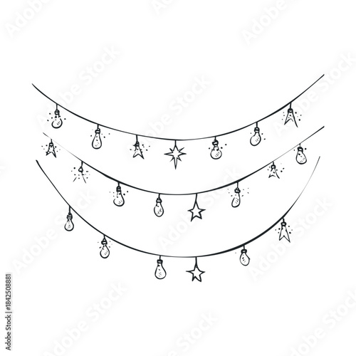 Decorative string lights with handdrawn lightbulbs and stars create a festive ambiance suitable for holiday greetings, party invitations, and celebration decorations.