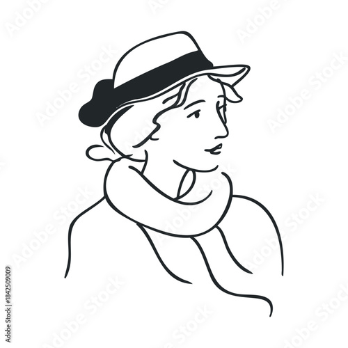Minimalist line drawing of a woman in a hat and scarf, exuding elegance and classic style, perfect for lifestyle blogs, fashion content, or beauty product promotion.