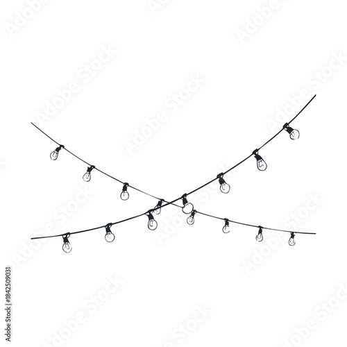 Hand drawn black and white sketch of two crossed strings of vintage light bulbs, creating a festive and cozy atmosphere perfect for event decorations, party invitations, or rustic cafe