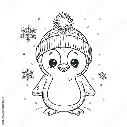Adorable baby penguin wearing a cozy knitted winter hat with a fluffy pompom, surrounded by falling snowflakes, perfect for festive winter holiday projects and kids activities.
