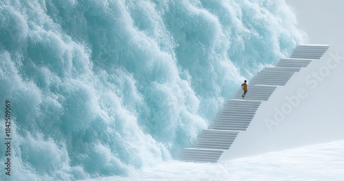 Small figure ascends ethereal stairs against a massive, swirling blue wave