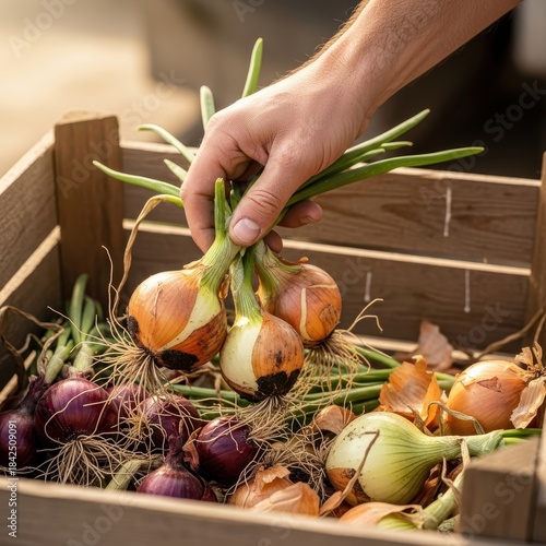 Freshly harvested onions displayed in wooden crate with hand picking a bunch rustic charm
