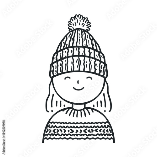 Hand drawn doodle portrait of a happy smiling person wearing a cozy knitted winter hat with a pompom and a warm sweater, perfect for winter season greeting cards and childrens book