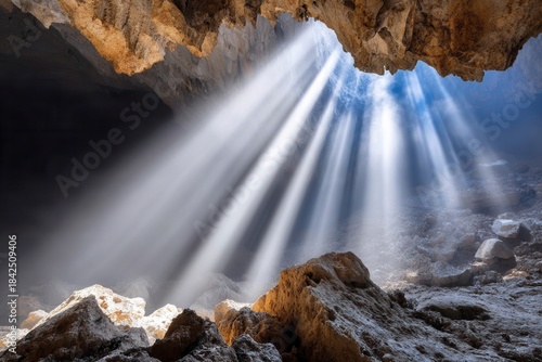 Sunbeams penetrating cave illuminating rocky interior
