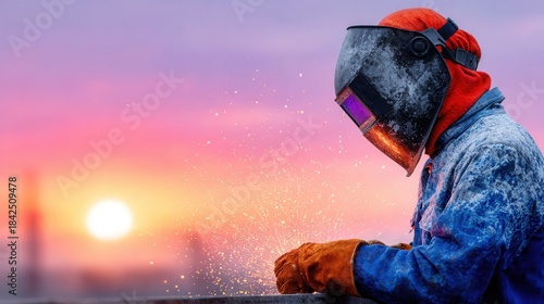 Industrial worker in protective gear welding at sunset