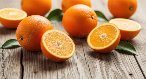 Freshly Sliced Oranges Displayed on a Rustic Wooden Surface Ready for a Nourishing Meal