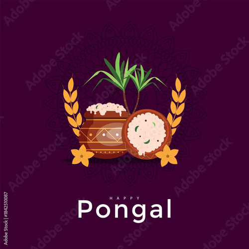 Happy Pongal color banner. Indiana celebration harvest card for web design. Pot, palm, flower, text. Vector illustration