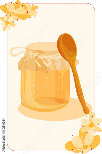 A sweet and cozy postcard-style illustration featuring a jar of golden honey and a wooden spoon, accented with delicate yellow flowers. This warm design is perfect for kitchen.
