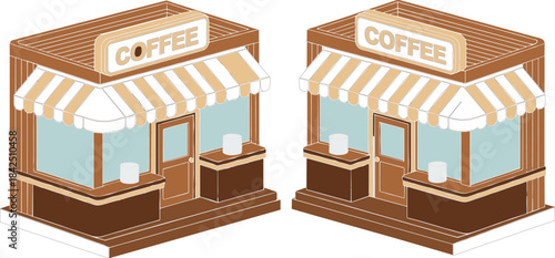 Twin Isometric Vector Illustration of a Charming Coffee Shop or Cafe Building with Striped Awning, Glass Windows, and Outdoor Seating in Warm Brown Tones.
