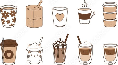 Warm Toned Vector Set of Ten Different Coffee and Tea Beverages Including Lattes, Frappes, Takeaway Cups, and Cute Cat-Themed Whipped Cream Drinks.
