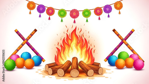 Lohri festival illustration featuring bright glowing bonfire surrounded by colorful ladoo sweets decorative garlands and vibrant festive sticks creating a joyful warm Indian harvest atmosphere filled 