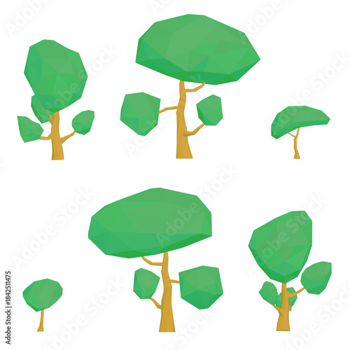 A collection of six low poly trees in various shapes and sizes, featuring branches and leaves in shades of green on a clean white background.