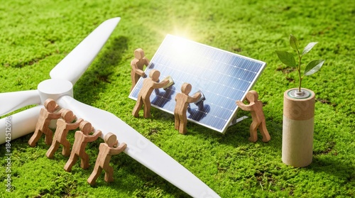 Wooden figures building solar panel and wind turbine on green moss