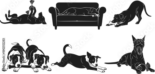 Cartoon dogs, fish toy, playful dog, relaxed dog, dog poses, dog interaction, couch dog, yawning dog, monochrome dog, stylized dog, dog with toy, dog lying down, dog sitting