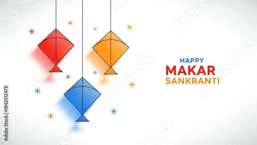 Makar Sankranti festival with colorful red orange blue kite patang design floating in bright cheerful atmosphere celebrating Indian tradition during Uttarayan season as joyful harvest celebration 